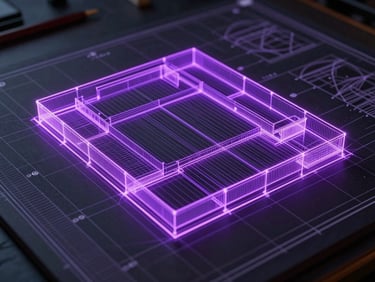 Wide architectural blueprint overlay with a glowing digital compliance grid, sharp laser-violet lines tracing structural details, dark low-key lighting.