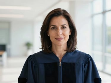 Professional editorial headshot of a female legal scholar, modern academic setting background, clean white tones, soft natural lighting.