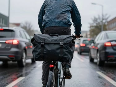 Eye-level view of a cyclist in a rain jacket navigating city traffic, wet asphalt reflecting brake lights, heavy overcast sky, focus on the rear pannier bag.