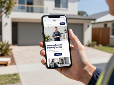 A smartphone displaying a clean plumbing service website, held by a plumber in high-vis workwear on a bright Melbourne residential job site, natural daylight, sharp focus