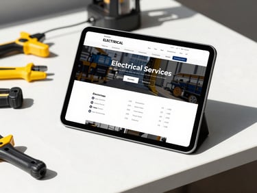 A modern tablet displaying an electrical services website with clear pricing, resting on a clean workbench next to professional tools, bright natural daylight, sharp focus