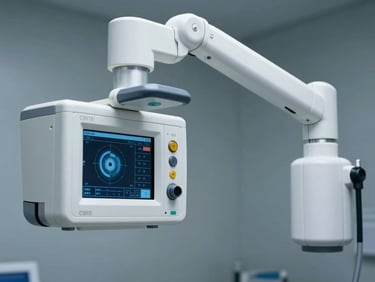 Macro shot of a sleek, white CBCT dental imaging arm, cool clinical lighting, sterile background, high-contrast digital interfaces.