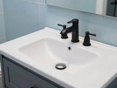 Bright indoor shot of a completed luxury bathroom vanity with matte black fixtures and clean ceramic basin, showcasing a spotless zero-mess finish.
