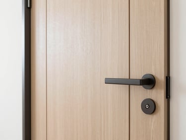 Newly installed modern interior door with clean lines, soft natural light illuminating the wood grain, architectural detail, Verona