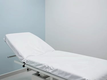 Clean, minimalist aesthetic clinic room, pristine white sheets on an examination bed, soft shadows, sharp focus on the sterile environment.