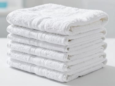Pristine stack of neatly folded white towels on a clean surface, bright high-key commercial photography, crisp daylight, sharp focus, professional hygiene.