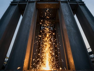 Low-angle heroic shot of massive structural steel columns being welded, intense golden sparks, dramatic high-contrast lighting