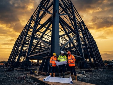 Low-angle heroic shot of massive structural steel framework against a dramatic golden hour sky, engineers in high-visibility gear reviewing blueprints below.