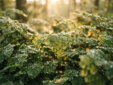 Macro photograph of green botanical leaves with morning dew, soft diffused golden light, shallow depth of field