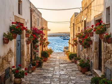Bright golden-hour environmental shot of a narrow paved alley in Marzamemi leading to the blue sea, white stone walls, potted red geraniums, warm coastal glow, 35mm lens