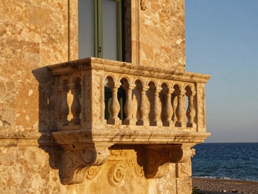 Detail of ornate baroque stone balcony in Noto Sicily, warm golden limestone glowing in the evening sun