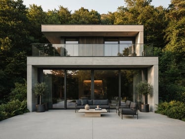 Straight-on architectural photograph of a modern minimalist villa with large anthracite aluminum sliding windows, soft late-afternoon sun, clean concrete terrace, high-end editorial style