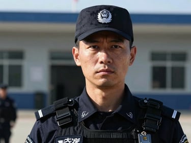 Medium close-up of a uniformed security officer's face, serious and focused, with a blurred background of a secure facility, high-contrast cool daylight, 35mm