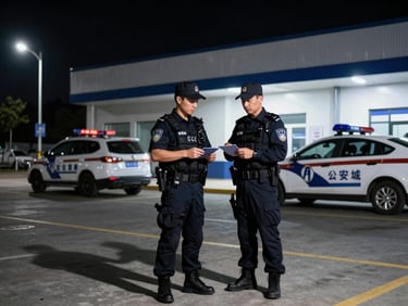 High-contrast image of a uniformed security officer conducting a patrol check near a commercial building at night, illuminated by streetlights, with a marked patrol vehicle in the background.