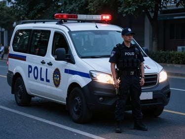 Marked security patrol vehicle on a street at dusk, headlights on, with a uniformed officer standing by, high-contrast cool daylight, 35mm