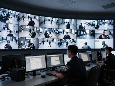 Interior view of a modern security command center, multiple screens displaying surveillance feeds, a uniformed officer at a console, high-contrast cool daylight, 35mm