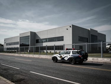 Wide environmental shot of a secure perimeter fence around a corporate facility, with a marked patrol vehicle driving alongside, cool overcast sky, high-contrast.