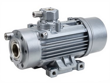 Close-up studio shot of a hydraulic pump, isolated on a clean white background, crisp technical lighting, cool gray and blue tones, sharp focus, 50mm.