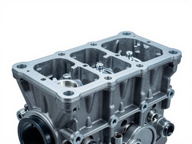 Close-up studio shot of an engine block component, isolated on a clean white background, crisp technical lighting, cool gray and blue tones, sharp focus, 50mm.