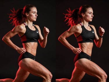 Before and after portrait of a female runner, demonstrating improved stamina and physique, dynamic action shot with red accents.