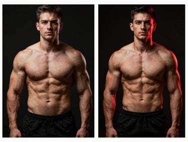 Before and after portrait of a male athlete, showcasing substantial muscle mass increase, dark background, intense lighting.