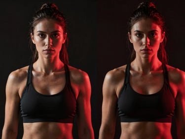 Before and after portrait of a female athlete, showing significant muscle definition and leanness, dramatic red rim lighting, high contrast, studio setting.