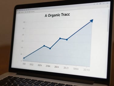 Close-up of a laptop screen showing an upward-trending organic traffic graph with clear month-over-month gains, neutral studio lighting, tight crop on the chart data