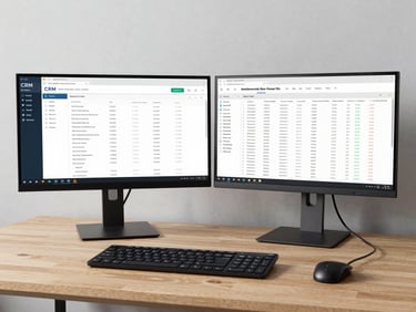 Wide shot of a desk with two monitors displaying a CRM dashboard and a placement tracking spreadsheet side by side, clean professional studio lighting, no identifiable text