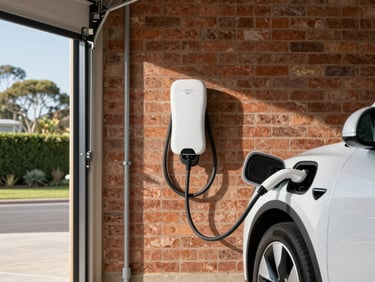 A clean, modern garage interior with a premium white EV charger mounted neatly on a painted brick wall. A sleek electric vehicle is plugged in with a heavy-duty cable. Bright, natural Australian daylight streams in from an open garage door, highlighting clean conduit work.