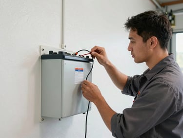A professional, uniformed WA electrician neatly wiring a wall-mounted home battery enclosure in a clean garage.