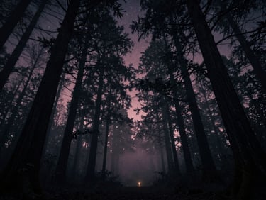 Wide panoramic view of a dark, mysterious forest at night, ancient trees silhouetted against a starlit sky, subtle mist, evoking deep ancestral connections.
