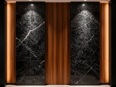 Symmetrical composition of modern wall paneling featuring high-contrast marble and warm wood slats, interior design, dramatic lighting.