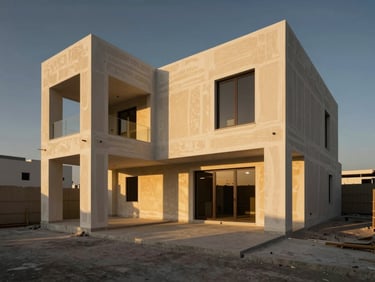 Wide-angle architectural view of a luxury Riyadh villa interior under construction showing pristine plastering and structural lines, golden hour light.