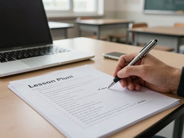 Close-up of a printed lesson plan document on a classroom desk next to an open laptop, educator's hand holding a pen making a small annotation, available daylight from a side window, empty classroom chairs visible softly out of focus in the background