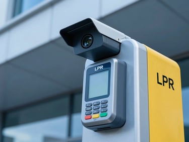 Close-up of a modern digital payment terminal and LPR camera system, sharp focus, cool blue architectural lighting, high contrast.