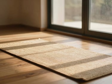 Sunlight streaming through a large window onto empty woven meditation mats on a warm wooden floor, peaceful atmosphere