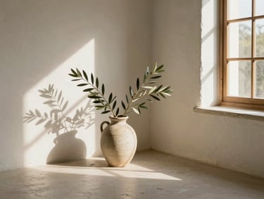 Serene sun-drenched meditation space with soft shadows, natural white plaster walls, olive branches in a ceramic vase, warm editorial photography, 35mm