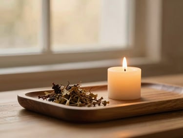 Soft candlelight illuminating a serene meditation space, dried botanical herbs resting on a wooden tray, warm editorial photography