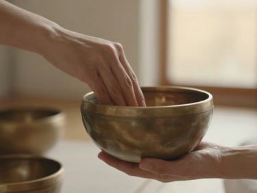 Close-up of a hand gently striking a handmade bronze Tibetan singing bowl, water ripples in the background, soft warm lighting, shallow depth of field