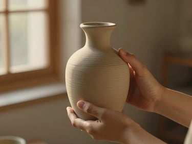 Close-up of hands holding an artisanal ceramic bottle, soft golden-hour window light, muted earth tones, shallow depth of field