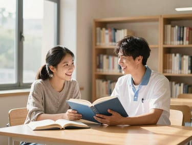 Bright editorial photo of a resident and a staff member laughing over a book in a sun-drenched library space, natural light, warm wood tones.