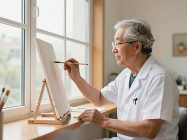 Bright editorial photo of an active senior resident painting near a large window with soft natural light, warm wood tones, clean composition.