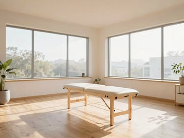 Bright editorial photo of a modern physical therapy room with high ceilings, light wood floors, and soft morning window light.