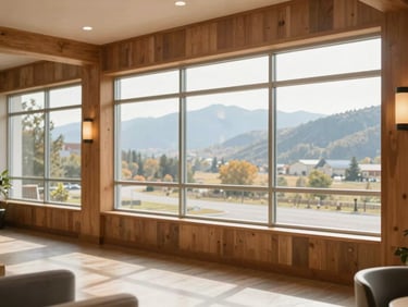 Bright editorial photography of a light-filled common area with warm wood accents and large windows overlooking the scenic Boise Basin mountains at morning.