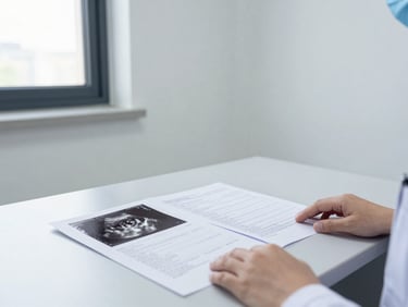 Wide environmental shot of a consultation room interior: a desk with printed diagnostic reports and an ultrasound image sheet laid flat under even daylight from a large window to the left, a physician's hands visible resting on the documents, clinical white walls, no faces shown, clean and ordered space