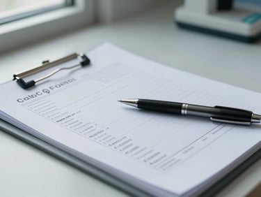 Close-up environmental shot of an open medical file on a clinical desk, printed diagnostic reports and annotated lab results visible, a physician's pen resting on the page, even cool daylight from a nearby window, no faces visible, precise and orderly