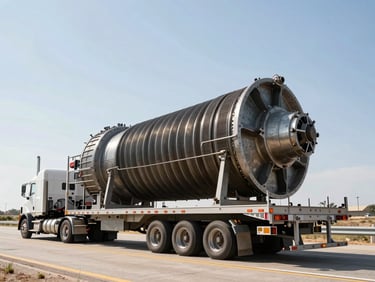 Low-angle shot of a multi-axle trailer carrying a massive, oversized industrial turbine component on a highway, bright Texas daylight, high-contrast metallic tones.