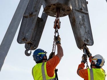 Close-up of industrial riggers in high-visibility gear securing a heavy structural component with chains and specialized hooks, sharp focus, gritty industrial photography.