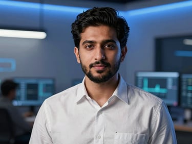 Approachability and focus: Md Sharukh looking directly at the camera in a modern tech studio with subtle blue backlighting, 35mm editorial photography.