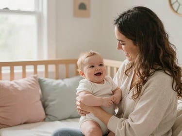 Soft lit cozy nursery room with warm natural light, a specialized educator gently holding a smiling infant, soft pastel cushions, shallow depth of field